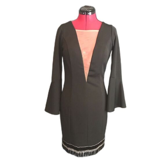 Dresses & Skirts - Divina Pele Elegant Black Sheer Illusion Cocktail Dress Size Small Beaded Hem